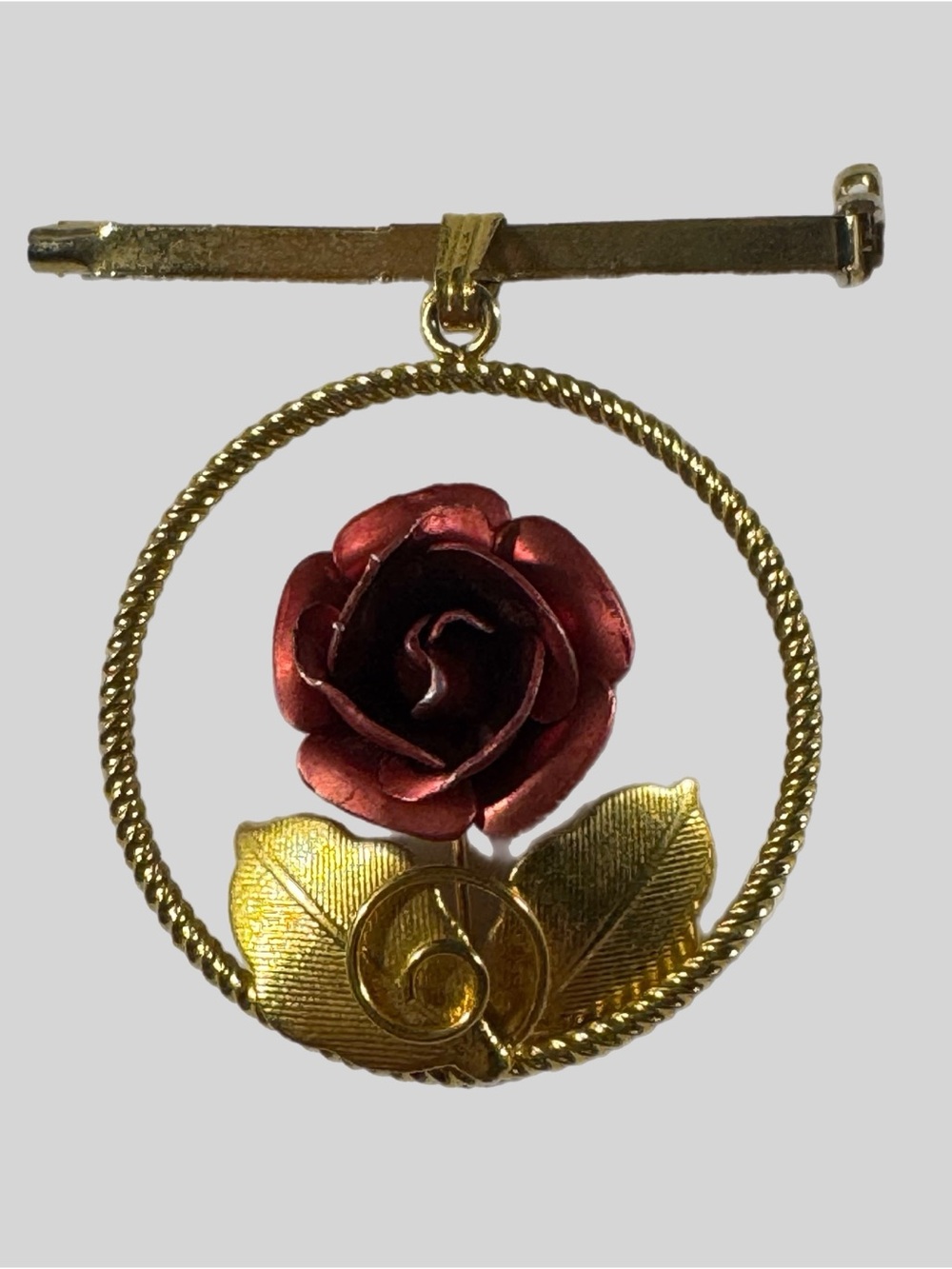Vintage Red Enamel Rose Wreath Brooch Pendant Combo Gold Tone Flower Pin GUC